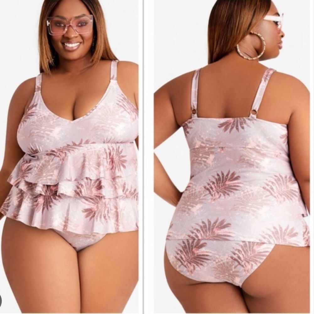 NWT Nicole Miller tropical sand print 3 tier tankini plus size swimwear
